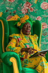 Obraz na płótnie Canvas A close up portrait of older modern woman in colrful outfit sitting in a green old-fashioned armchair with a tablet and floral wallpaper in the background. Fashioned woman enjoying new technologies.