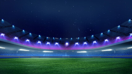 Empty football stadium at dusk with illuminated blue and purple spotlights with crowdy stands under star-studded sky. Concept of sport, championship tournaments 2024, league, match, win. Ad - obrazy, fototapety, plakaty