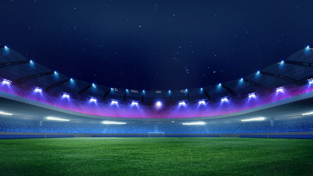 Empty football stadium at dusk with illuminated blue and purple spotlights with crowdy stands under star-studded sky. Concept of sport, championship tournaments 2024, league, match, win. Ad