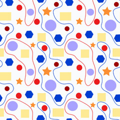 Vector pattern polka dot, geometric, shapes, pattern, star, circle, triangle, oval, rectangle, lines, wave, flowers