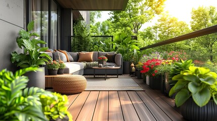 Nice modern patio with wood decking, which is outdoor furniture, and placed flowers, Generative AI. - obrazy, fototapety, plakaty
