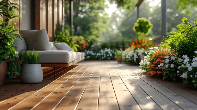 Nice modern patio with wood decking, which is outdoor furniture, and placed flowers, Generative AI.