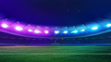 Football field, empty soccer stadium with green grass illuminated with colorful spotlight at night with starry clear sky. Concept of sport, championship tournaments 2024, league, match, win. Ad - obrazy, fototapety, plakaty