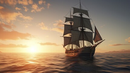 Sailing ship on a sea cruise. Sunset. Travel.
