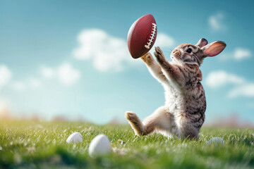 An bunny standing on a green meadow and catching an egg-shaped football - obrazy, fototapety, plakaty