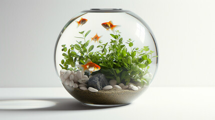 Beautiful bright small goldfish in round glass aquarium isolated on white. Made with generative ai - Powered by Adobe