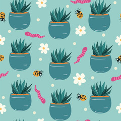 cute hand drawn potted cactus seamless vector pattern background illustration with daisy flowers, ladybugs, worm and polka dots - 733849577