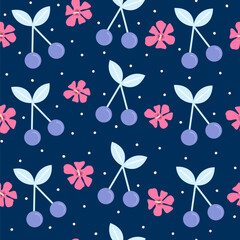 cute hand drawn seamless vector pattern background illustration with colorful cherries, flowers and polka dots - 733849581