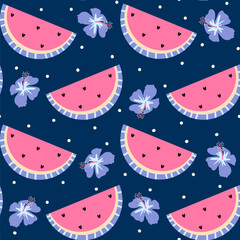 cute hand drawn colorful seamless vector pattern background illustration with watermelon slice, hibiscus flowers and polka dots - 733849584