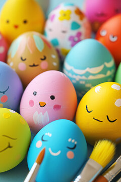 Several Easter eggs that have just been painted and decorated and brushes in the picture