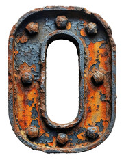 Letter O made of rusty metal in grunge style isolated on the white background.