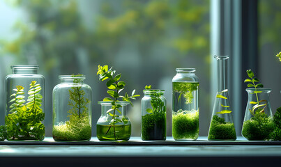 Vessels with samples of different species of moss. - obrazy, fototapety, plakaty
