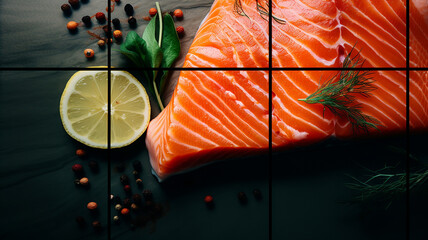 Salmon, trout, steak, slice of fresh raw fish, on dark wooden. Fresh raw salmon fillet with culinary ingredients, herbs and lemon on black background