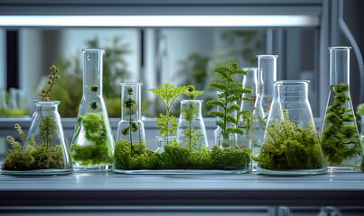 Vessels with samples of different species of moss.