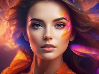 A stunning beautiful woman f in vibrant colorful background