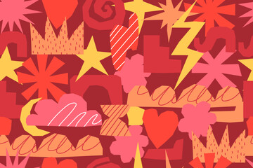Seamless pattern with abstract cut out elements. Red, pink, yellow random shapes on dark background. Naive shapes cut out of paper. Creative collage with shapes. Vector illustration.