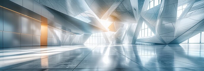 Abstract light and shadows play inside a modern concrete architectural structure with a minimalist aesthetic and reflective surfaces.