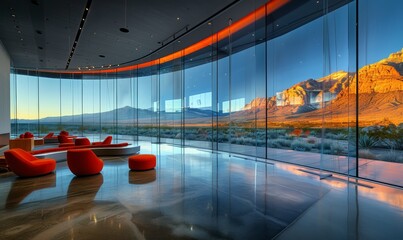 A contemporary lobby with floor-to-ceiling glass windows offering a panoramic view of the mountains, furnished with vibrant chairs and modern decor.