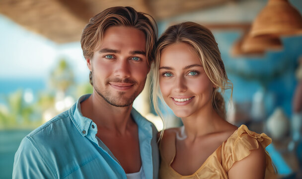 Beautiful young Caucasian man and woman smile and pose in front of an image created by ai