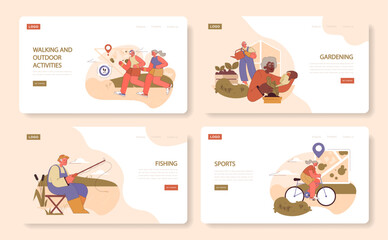 Retirees' Activities set. A vivid depiction of seniors partaking in walking, gardening, fishing, and cycling, embodying an active and fulfilling retirement.