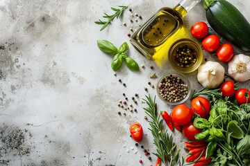 Food cooking ingredients background with fresh vegetables, herbs, spices and olive oil on white stone table with copy space top view. Healthy vegetarian eating