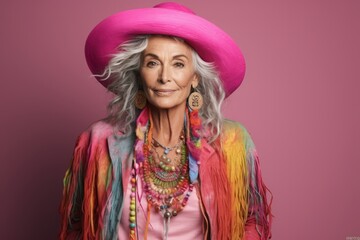 Portrait of beautiful senior woman in pink hat and colorful scarf.