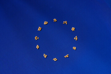 Wheat Grains. Blue Background. European Agricultural Policies. European Union Flag.