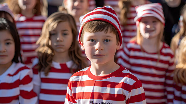 Group of children dressed in the iconic red and white striped outfits of Waldo.