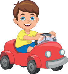 Fototapeta premium cute little boy driving a toy car cartoon
