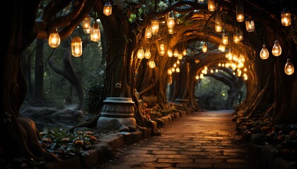 Fototapeta na wymiar night in the park. Golden fairy lights hanging from trees on a street during night walk. Pebble street surrounded by trees and hanging lamps. Golden light shining the way