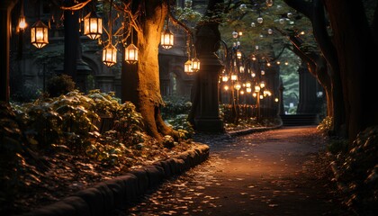 Golden fairy lights hanging from trees on a street during night walk. Pebble street surrounded by...