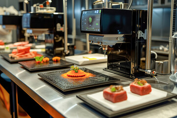 3D printed food: Beef steak on plate, technology in professional cuisine in restaurant. 3D printer.