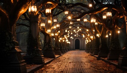 Obraz premium Golden fairy lights hanging from trees on a street during night walk. Pebble street surrounded by trees and hanging lamps. Golden light shining the way