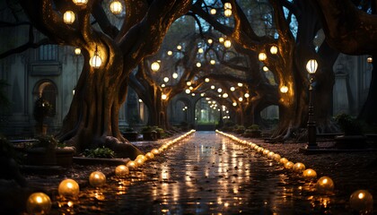 Golden fairy lights hanging from trees on a street during night walk. Pebble street surrounded by...