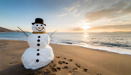 Smiling snowman with black hat on the beach. Summer and winter vacation