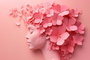Profile woman with a Blossoming Paper Flower Crown on a Pastel Pink Background