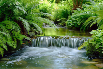 The Serene Landscape Where a Quiet Stream and Lush Green Plants Coexist. The Flowing Water and Greenery Harmonize to Create a Tranquil Atmosphere.