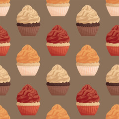 Seamless pattern with coloured  muffins. Baking, bakery shop, cooking, sweet products, dessert, pastry concept. Perfect for product design, scrapbooking, textile, wrapping paper.