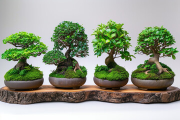 Group of Bonsai Trees on Wooden Stand