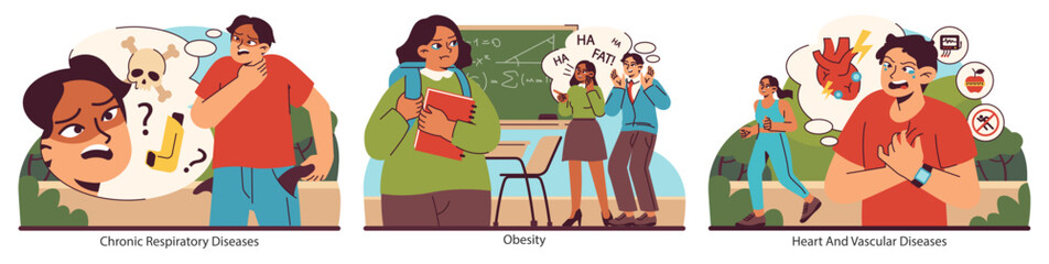 Health Issues triptych. Struggles with respiratory conditions, societal obesity perceptions, and heart disease realities. Everyday health battles. Flat vector illustration.