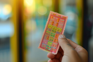 A colorful lottery ticket in hand, background hinting at anticipation and the chance for a life-changing win.