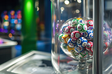 Lottery drawing: A close-up of lottery balls tumbling in a transparent machine, suspense and unpredictability of the draw.