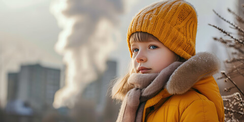 Child Contemplating Industrial Emissions. Young girl with a distant gaze, industrial smokestacks in the background. Protect children from exhaust fumes.