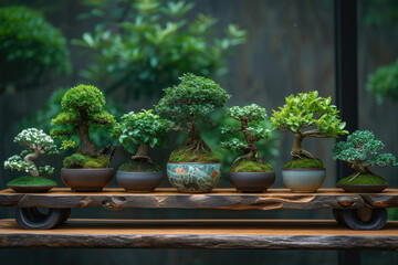 Group of Bonsai Trees on Wooden Table