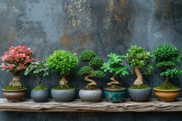 A Row of Bonsai Trees on a Wooden Shelf