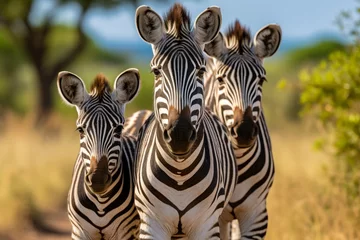 Fotobehang A family of zebras traversing the savanna amid a vibrant safari setting in the african wilderness © chelmicky