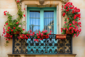 Fototapeta na wymiar Balcony with colorful mix of potted flowers
