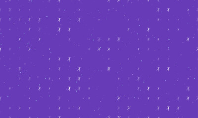 Seamless background pattern of evenly spaced white dancing girl symbols of different sizes and opacity. Vector illustration on deep purple background with stars