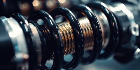 Close-Up of Car Suspension System. Close-up view of a car shock absorber and spring assembly. - obrazy, fototapety, plakaty