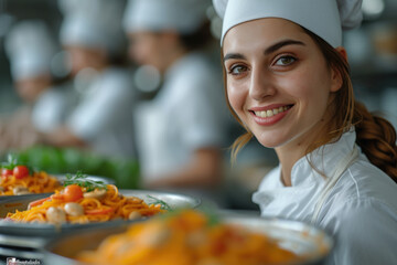 Woman in Chefs Hat Holding a Plate of Food